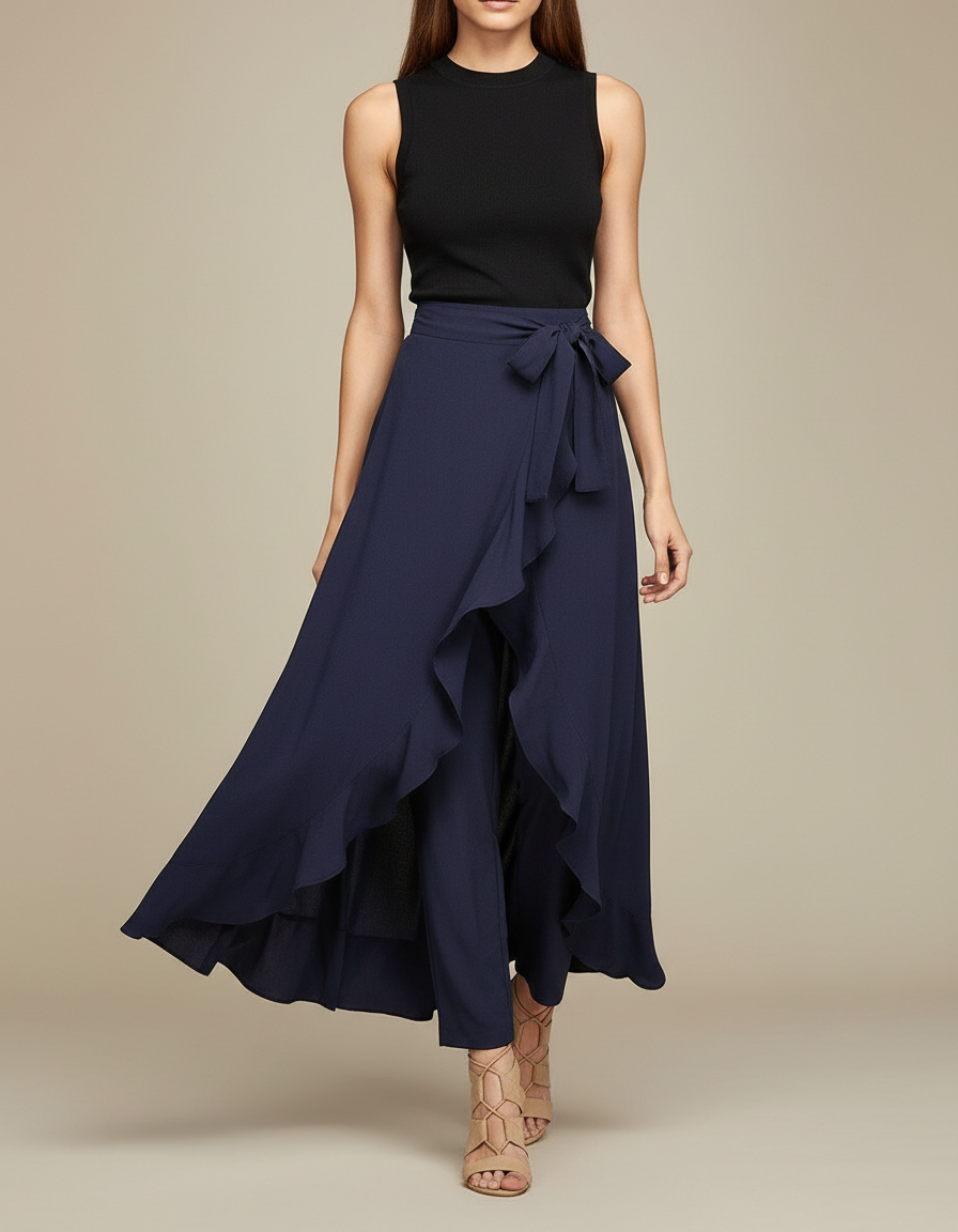 Pantalon Jupe Bleu Marine Fluide Volants Élégant - Viscose