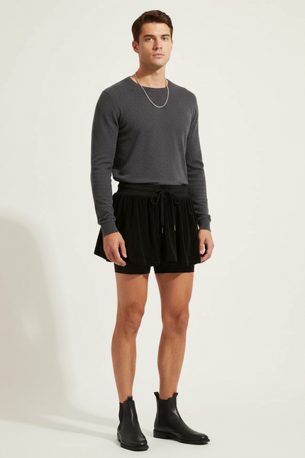Pantalon Jupe Noir Velours Court Ample Décontracté