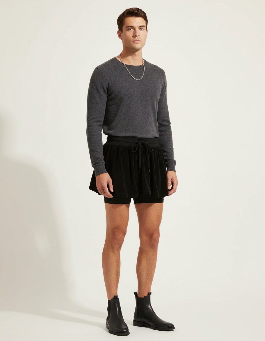 Pantalon Jupe Noir Velours Court Ample Décontracté