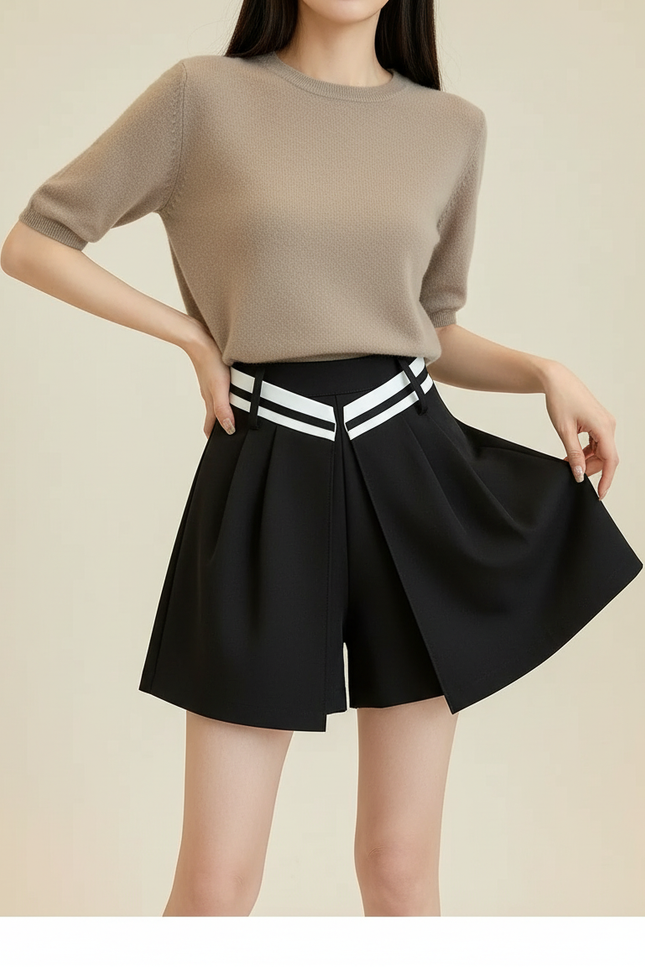 Pantalon Jupe Noir Plissé Taille Haute Rayures - Polyester