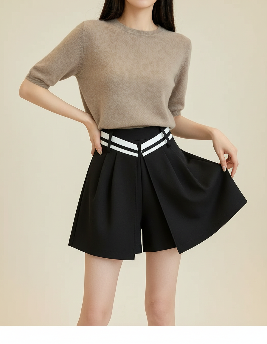 Pantalon Jupe Noir Plissé Taille Haute Rayures - Polyester