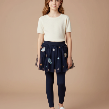 Pantalon Jupe Marine Tulle Étoiles Planètes Enfant - Maille