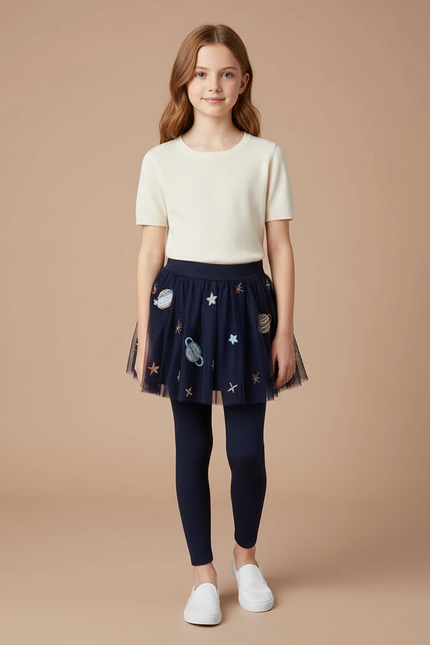 Pantalon Jupe Marine Tulle Étoiles Planètes Enfant - Maille