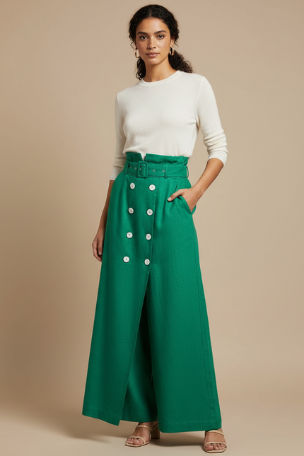 Pantalon Jupe Vert Boutons Ceinture Ample Élégant - Gabardine