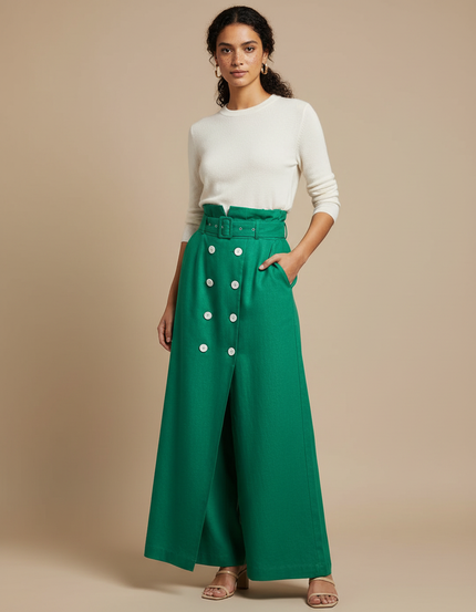 Pantalon Jupe Vert Boutons Ceinture Ample Élégant - Gabardine