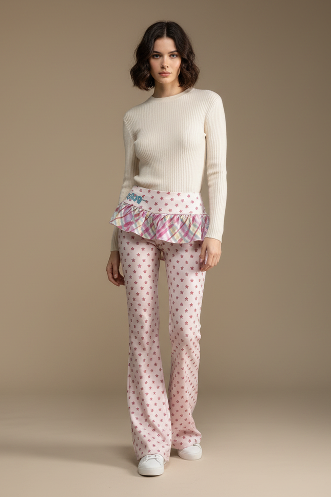 Pantalon Jupe Rose Étoiles Évasé Plaid Volants - Maille