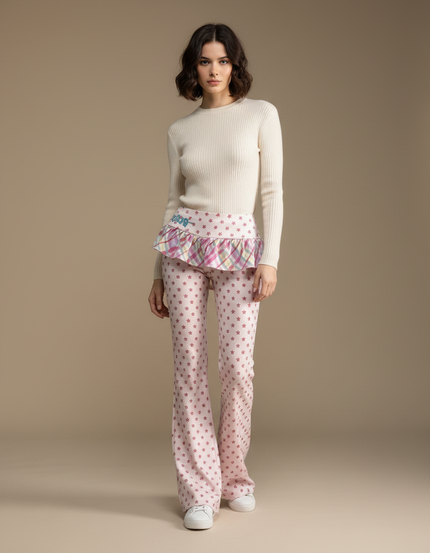 Pantalon Jupe Rose Étoiles Évasé Plaid Volants - Maille