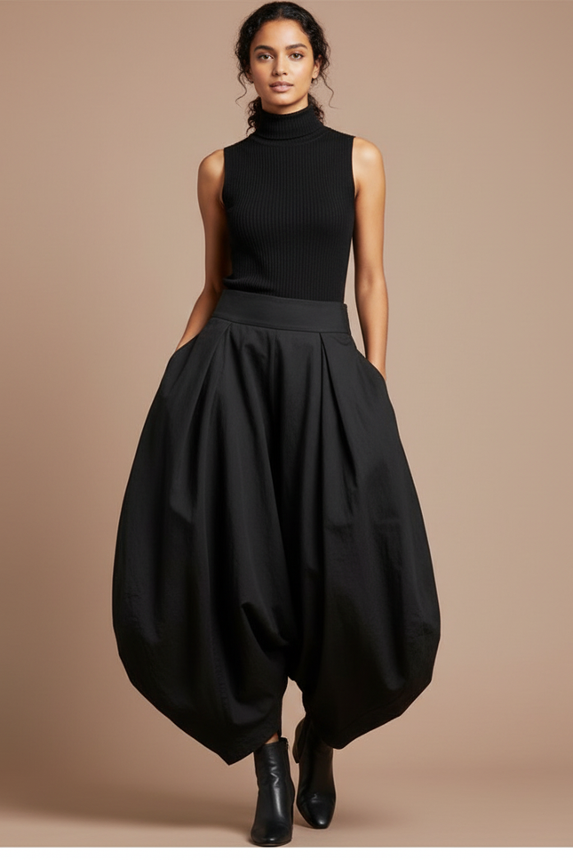 Pantalon Jupe Noir Ample Coton Plissé Femme