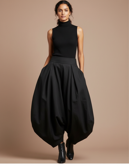 Pantalon Jupe Noir Ample Coton Plissé Femme