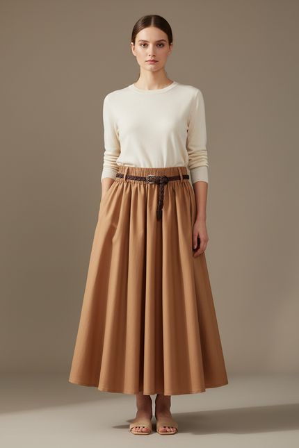 Pantalon Jupe Longue Plissée Marron Élégante Décontractée - Camel Laine