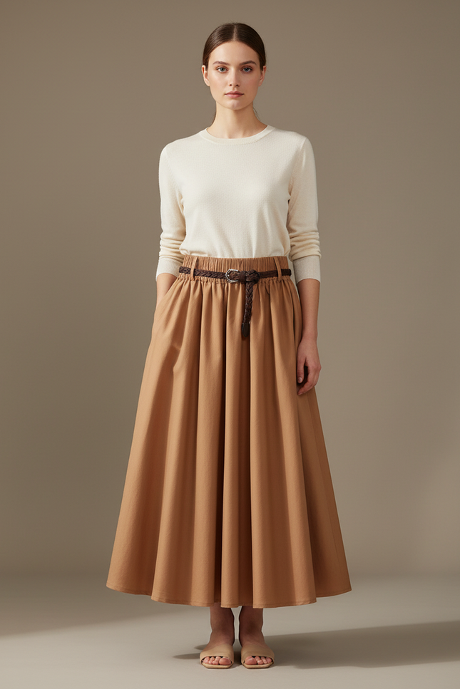 Pantalon Jupe Longue Plissée Marron Élégante Décontractée - Camel Laine