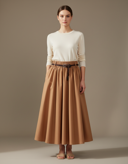 Pantalon Jupe Longue Plissée Marron Élégante Décontractée - Camel Laine