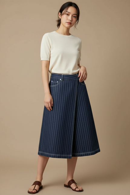 Pantalon Jupe Denim Bleu Rayé Portefeuille Élégant - Marine Jean