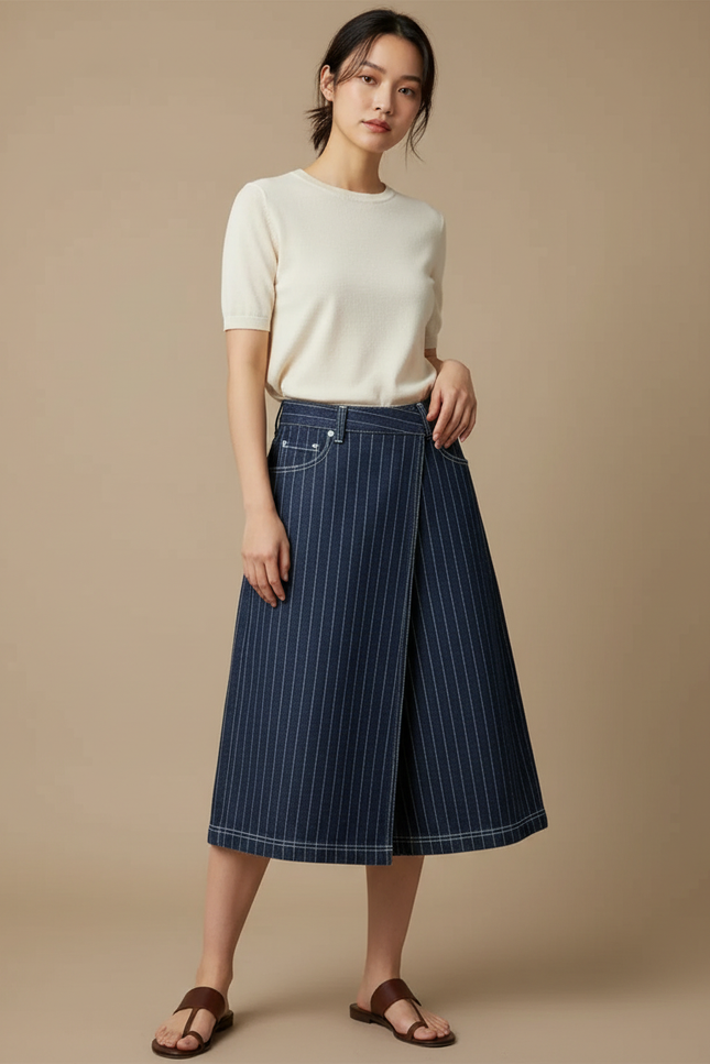 Pantalon Jupe Denim Bleu Rayé Portefeuille Élégant - Marine Jean