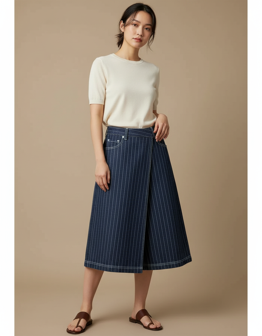 Pantalon Jupe Denim Bleu Rayé Portefeuille Élégant - Marine Jean