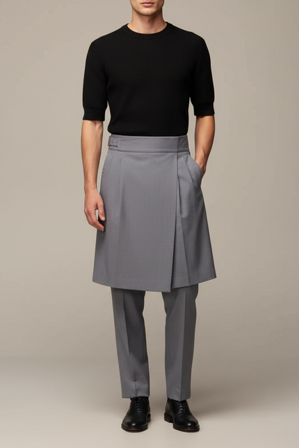 Pantalon Jupe Gris Élégant Plissé Homme Moderne - Gabardine