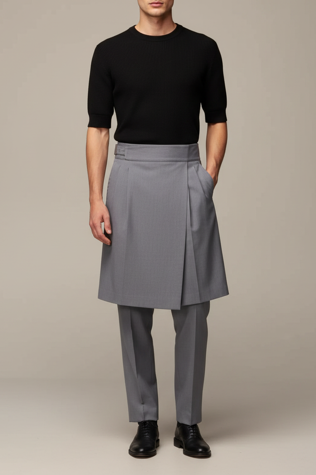 Pantalon Jupe Gris Élégant Plissé Homme Moderne - Gabardine