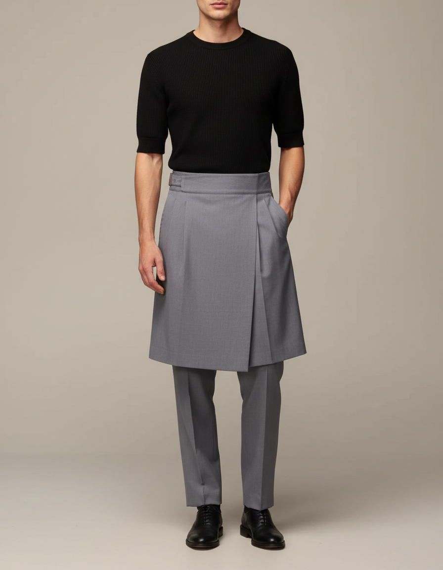 Pantalon Jupe Gris Élégant Plissé Homme Moderne - Gabardine