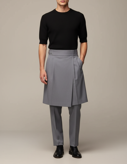 Pantalon Jupe Gris Élégant Plissé Homme Moderne - Gabardine