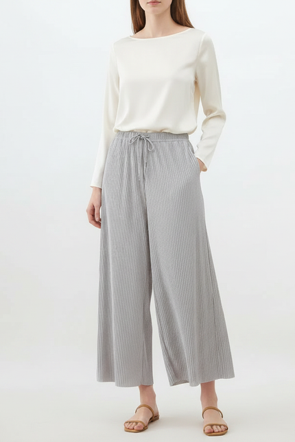 Pantalon Jupe Gris Plissé Fluide Décontracté Ample - Maille