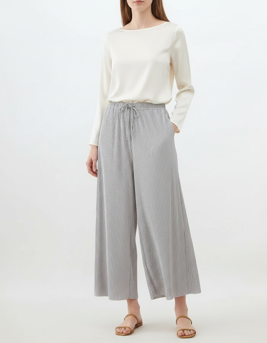 Pantalon Jupe Gris Plissé Fluide Décontracté Ample - Maille