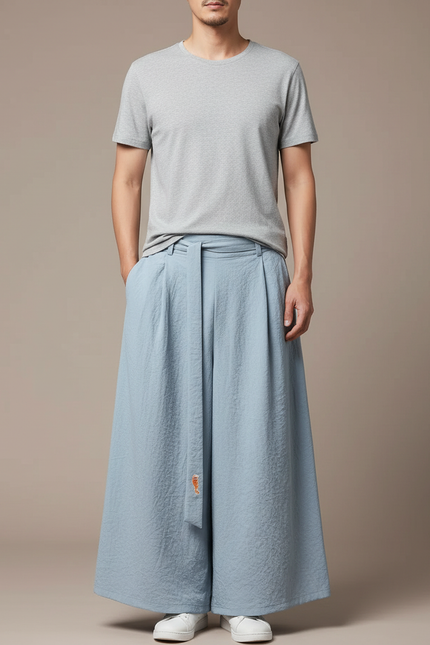 Pantalon Jupe Bleu Ciel Ample Homme Décontracté Coton - Lin