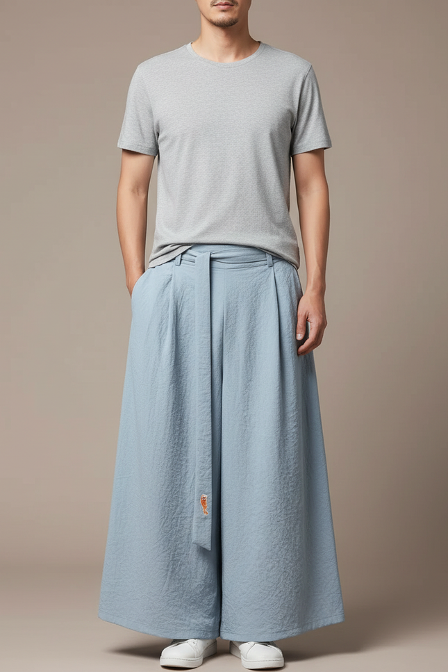Pantalon Jupe Bleu Ciel Ample Homme Décontracté Coton - Lin