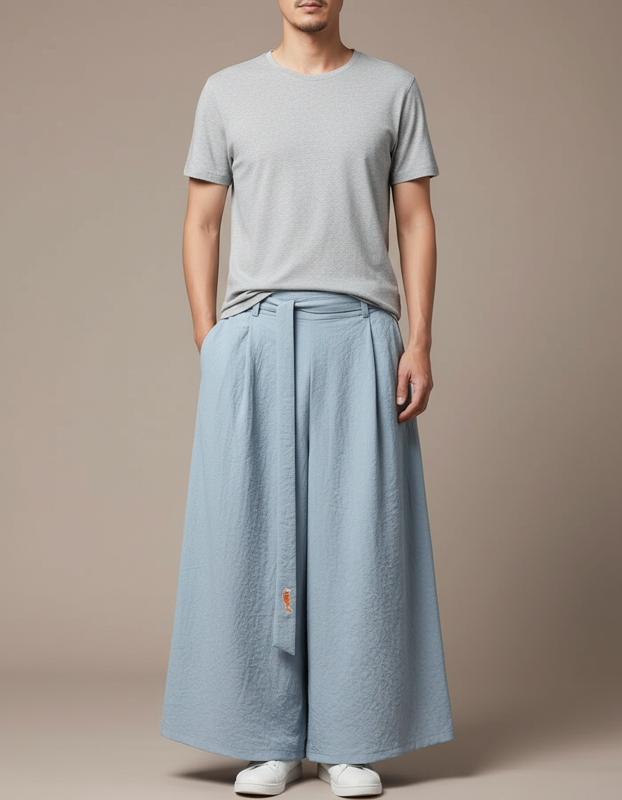 Pantalon Jupe Bleu Ciel Ample Homme Décontracté Coton - Lin