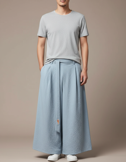 Pantalon Jupe Bleu Ciel Ample Homme Décontracté Coton - Lin