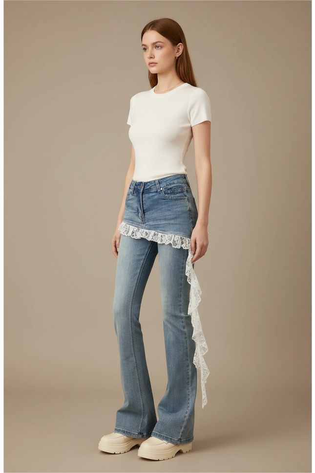 Pantalon Jupe Jean Bleu Évasé Dentelle Superposée Décontracté