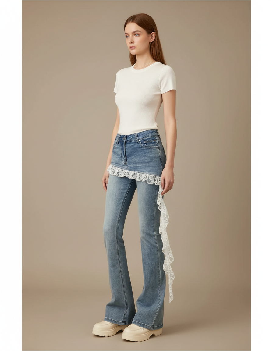 Pantalon Jupe Jean Bleu Évasé Dentelle Superposée Décontracté