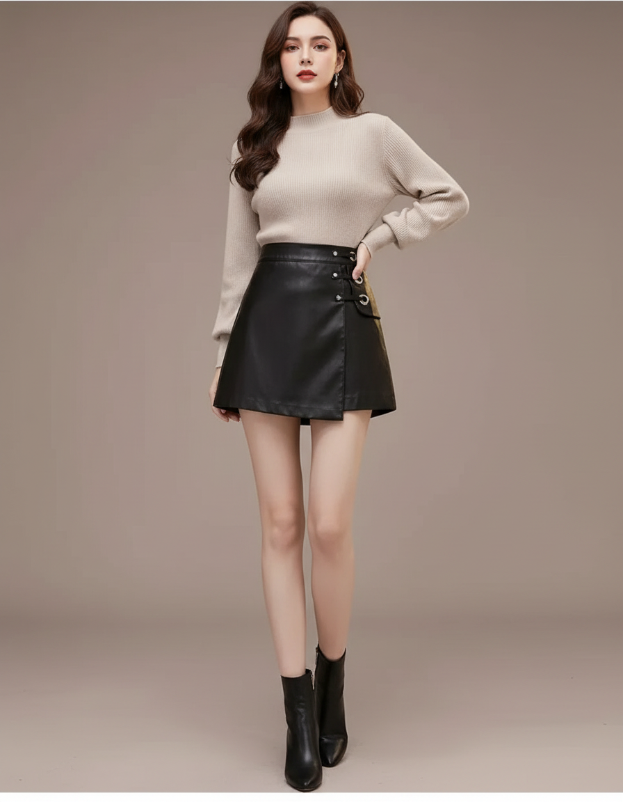 Pantalon Jupe Noir Cuir PU Taille Haute Élégant - Simili cuir