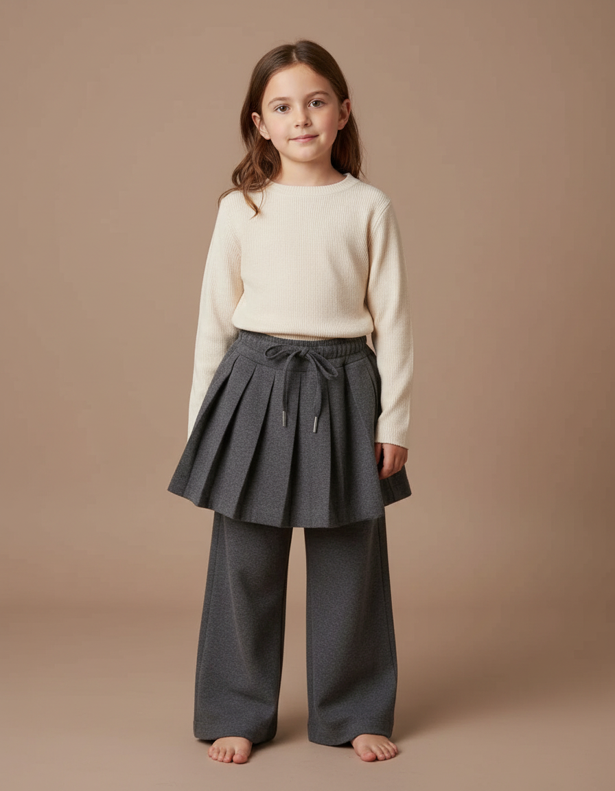 Pantalon Jupe Gris Plissé Large Décontracté Enfant - Molleton