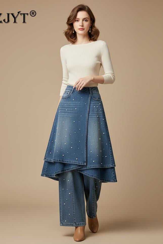 Pantalon Jupe Jean Bleu Perles Superposé Ample