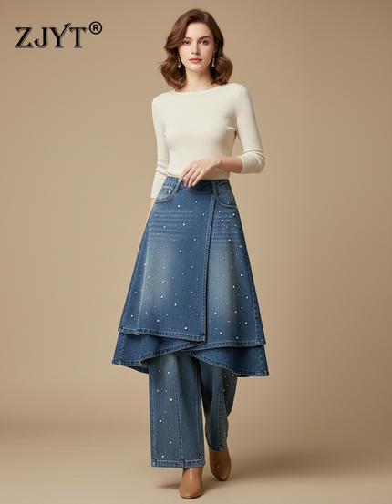 Pantalon Jupe Jean Bleu Perles Superposé Ample