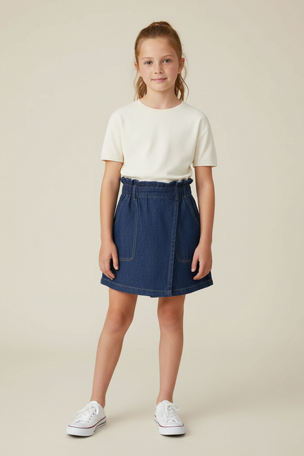 Pantalon Jupe Denim Bleu Ample Élastique Fille - Marine Jean