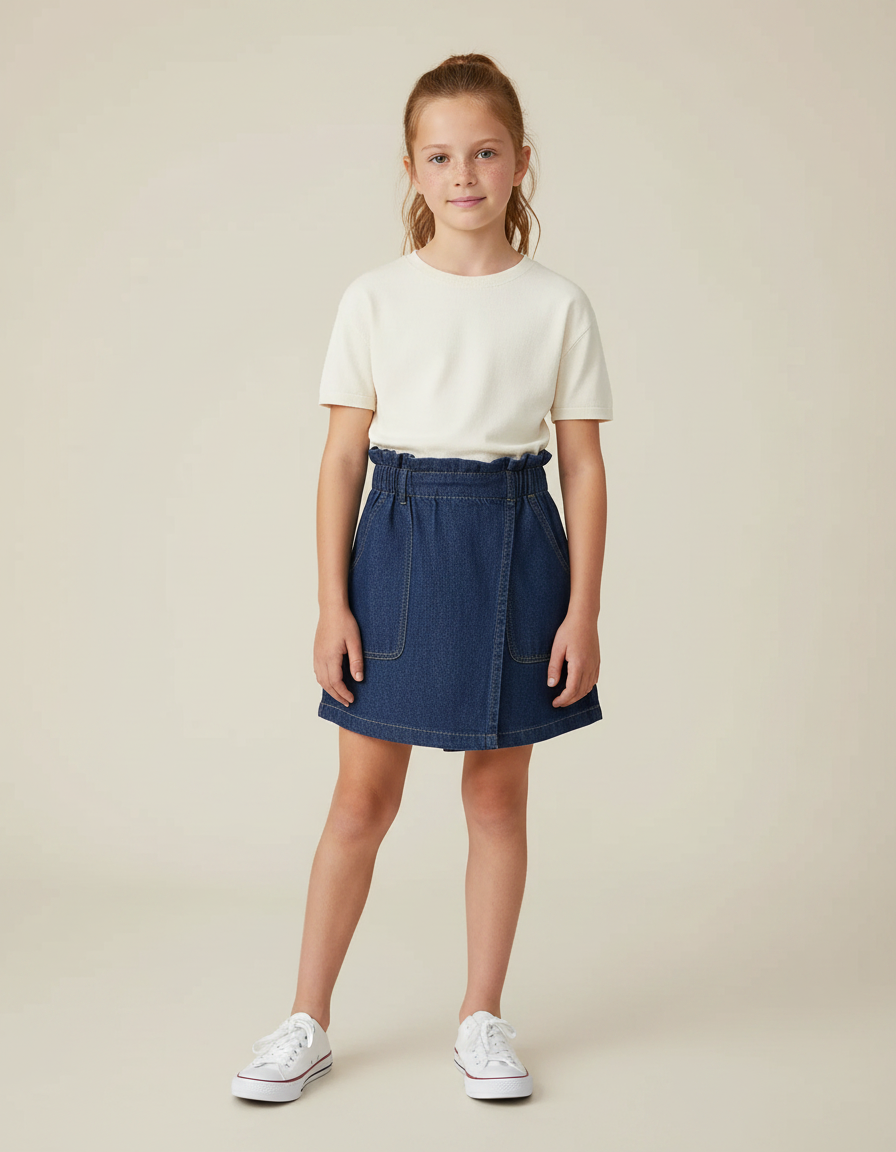 Pantalon Jupe Denim Bleu Ample Élastique Fille - Marine Jean