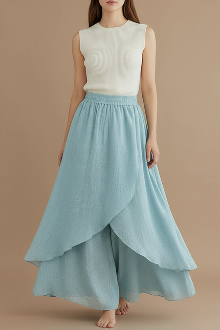 Pantalon Jupe Ample Coton Lin Superposé Bleu Femme