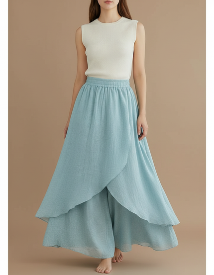 Pantalon Jupe Ample Coton Lin Superposé Bleu Femme
