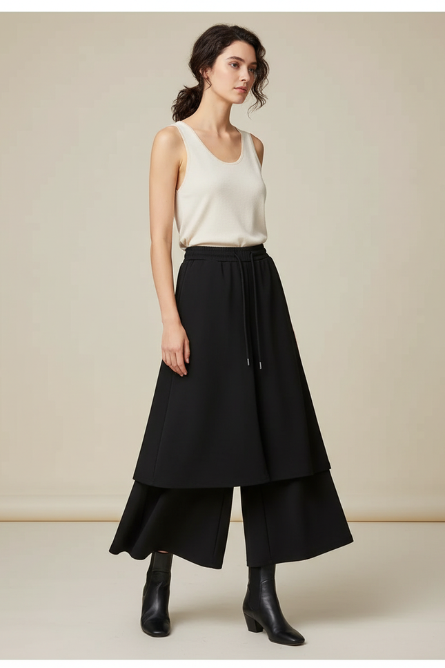 Pantalon Jupe Noir Superposé Ample Fluide Élégant - Polyester