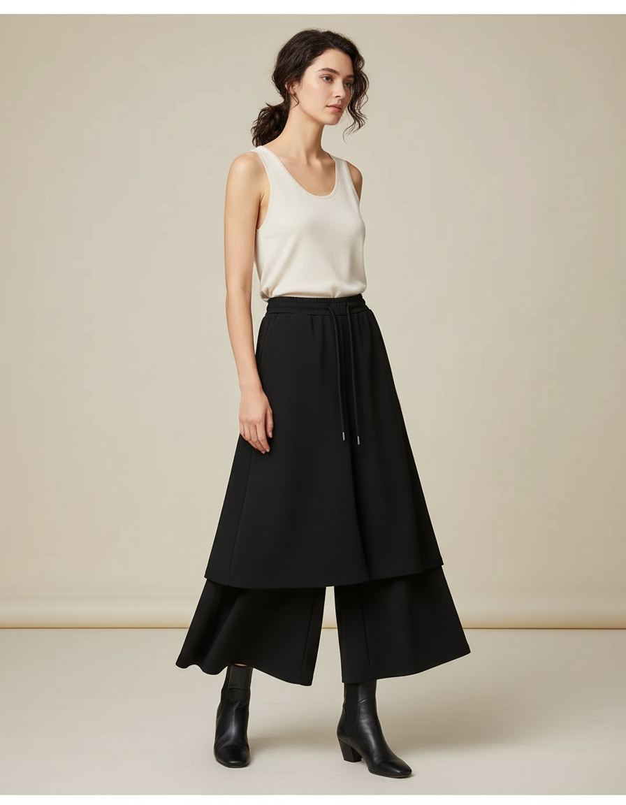Pantalon Jupe Noir Superposé Ample Fluide Élégant - Polyester