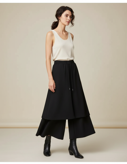 Pantalon Jupe Noir Superposé Ample Fluide Élégant - Polyester
