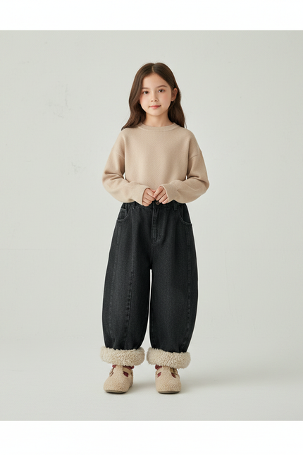 Pantalon Jupe Jean Noir Ample Fourrure Hiver