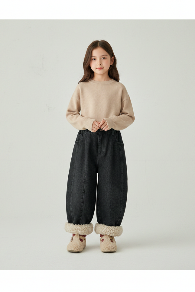Pantalon Jupe Jean Noir Ample Fourrure Hiver