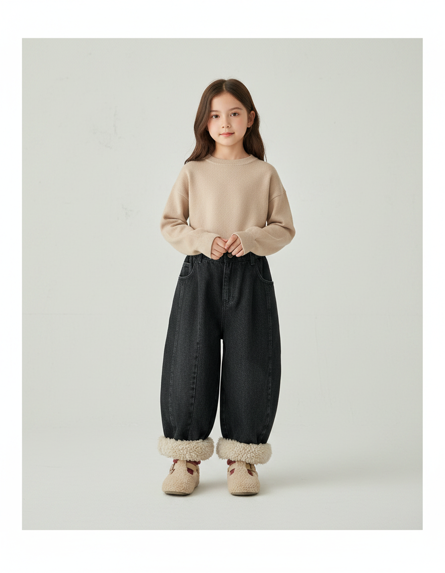 Pantalon Jupe Jean Noir Ample Fourrure Hiver