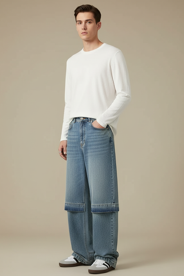 Pantalon Jupe Jean Bleu Ample Décontracté Homme