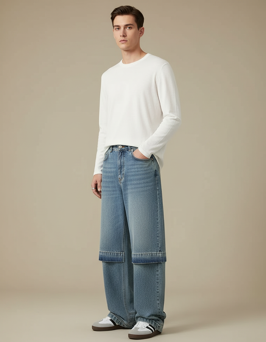 Pantalon Jupe Jean Bleu Ample Décontracté Homme