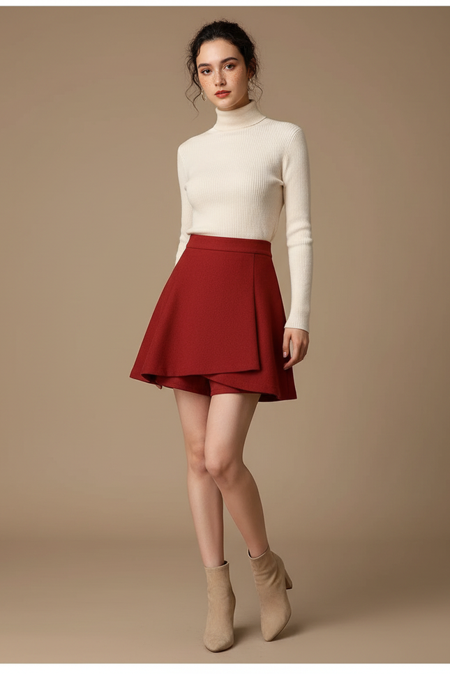 Pantalon Jupe Rouge Évasée Courte Taille Haute Élégante - Bordeaux Laine