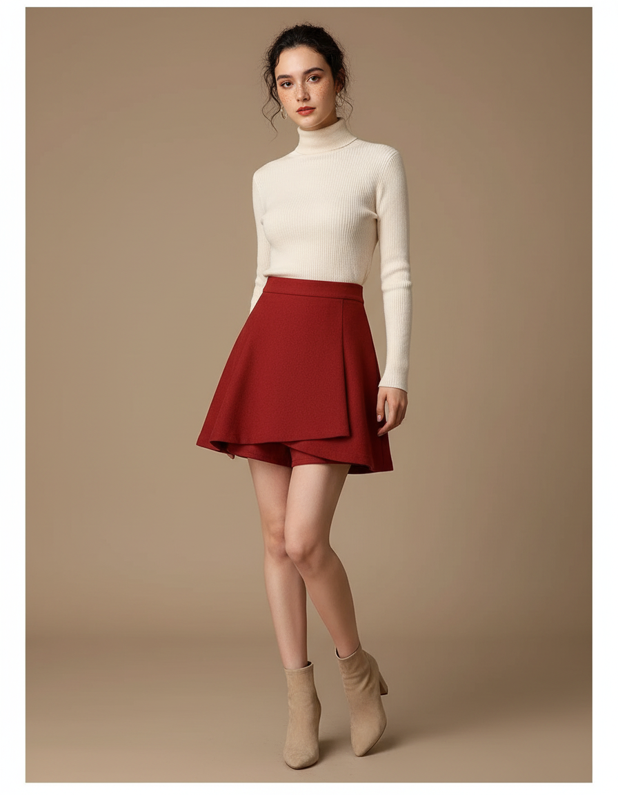 Pantalon Jupe Rouge Évasée Courte Taille Haute Élégante - Bordeaux Laine