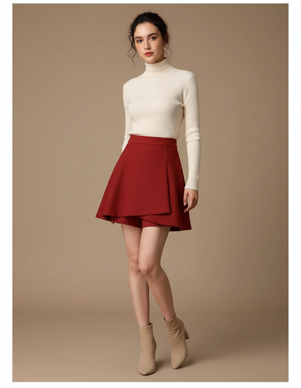 Pantalon Jupe Rouge Évasée Courte Taille Haute Élégante - Bordeaux Laine